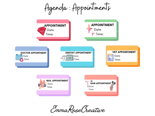 Agenda - Appointments, Sheet Stickers; Doctor, Dentist, Hair, Nails, Vet; Planner, Calendar, Journal