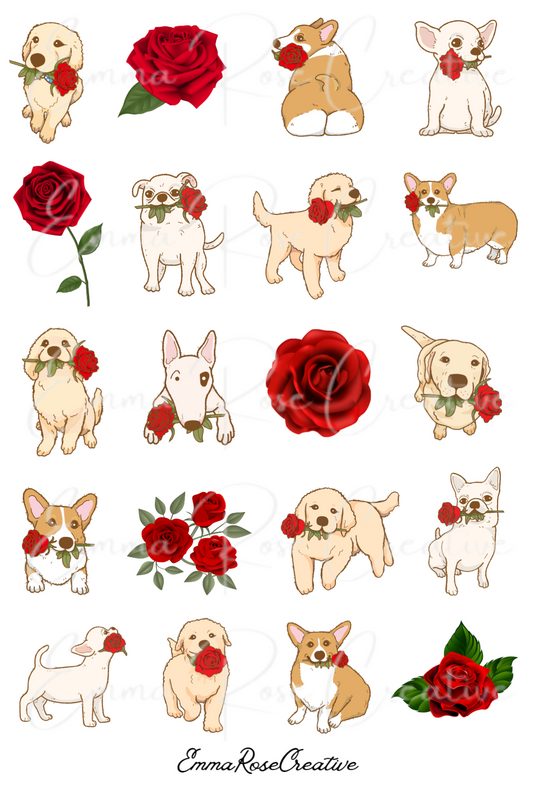 Dog - Rose, Floral, Sheet Stickers
